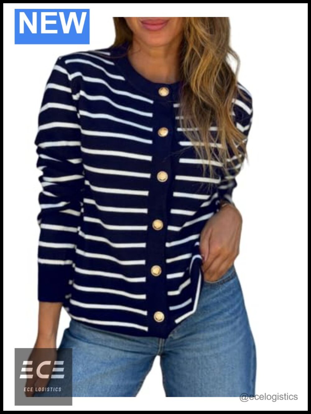 Striped Knit Cardigan Crewneck Button Down Long Sleeve Relaxed Fit Sweater
